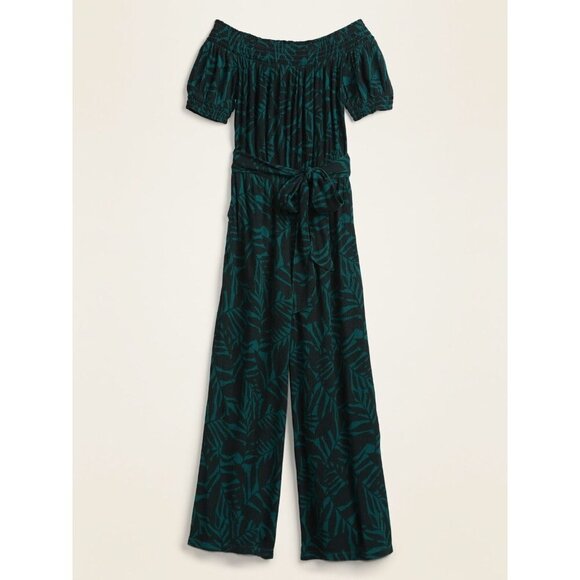 Old Navy Womens Womens Size M Tall Teal Tropical Off Shoulder Belted Jumpsuit - Picture 1 of 6